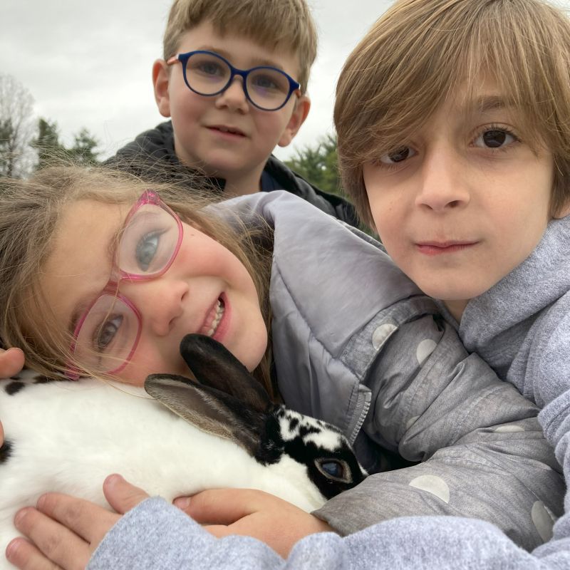 children cuddling a rabbit